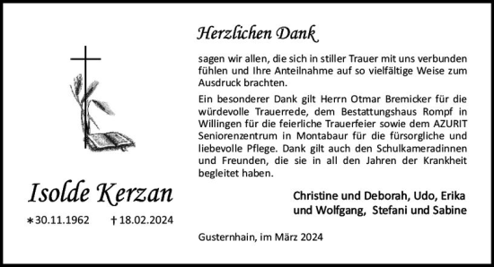Traueranzeige von Isolde Kerzan von Dill Block