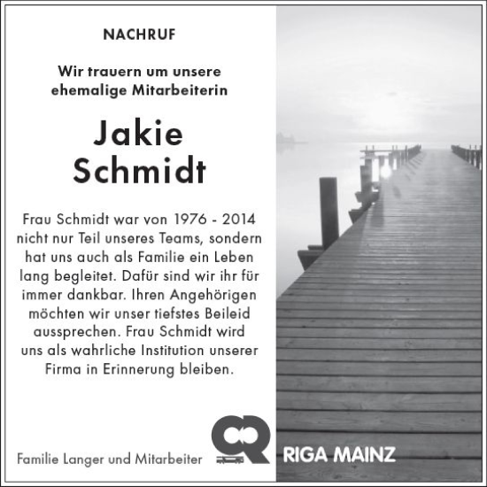 Traueranzeige von Jakie Schmidt von Allgemeine Zeitung Mainz