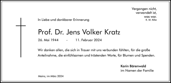 Traueranzeige von Jens Volker Kratz von Allgemeine Zeitung Mainz
