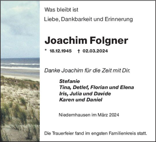 Traueranzeige von Joachim Folgner von Darmstädter Echo