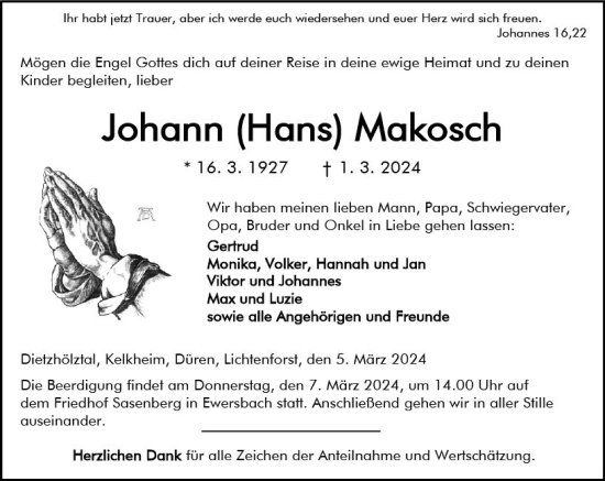 Traueranzeige von Johann Makosch von Dill Block