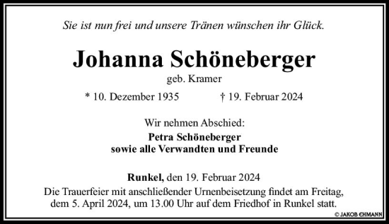 Traueranzeige von Johanna Schöneberger von Nassauische Neue Presse