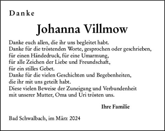 Traueranzeige von Johanna Villmow von Wiesbadener Kurier