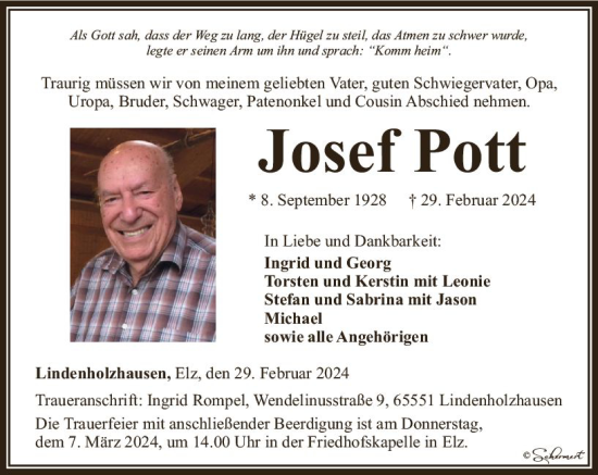 Traueranzeige von Josef Pott von Nassauische Neue Presse
