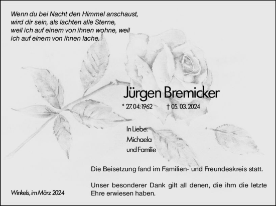 Traueranzeige von Jürgen Bremicker von Weilburger Tageblatt