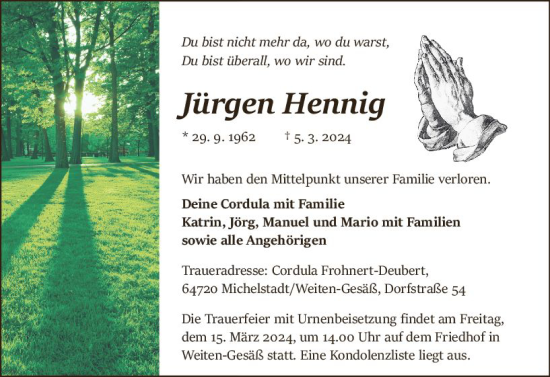 Traueranzeige von Jürgen Hennig von Odenwälder Echo