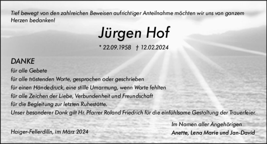 Traueranzeige von Jürgen Hof von Dill Block