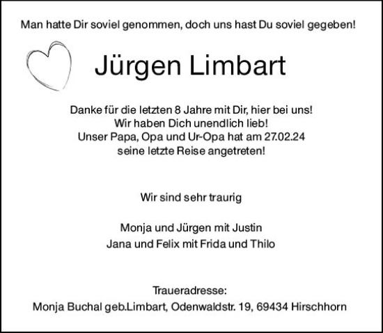 Traueranzeige von Jürgen Limbart von Wiesbadener Kurier