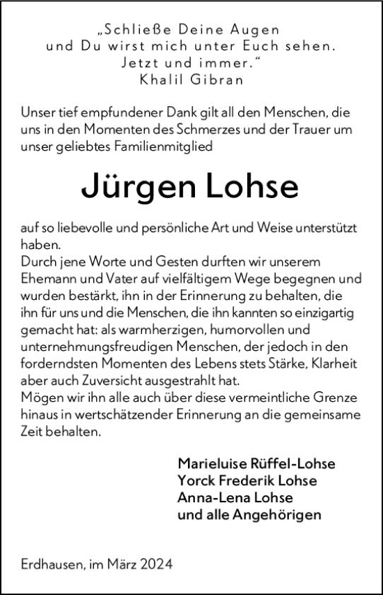 Traueranzeige von Jürgen Lohse von Hinterländer Anzeiger
