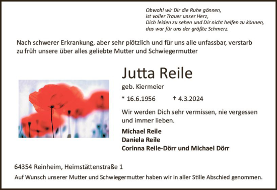 Traueranzeige von Jutta Reile von Darmstädter Echo