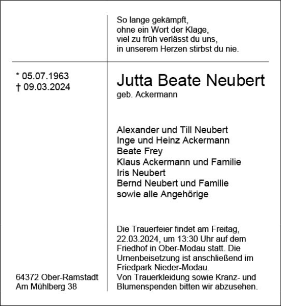 Traueranzeige von Jutta Beate Neubert von Darmstädter Echo