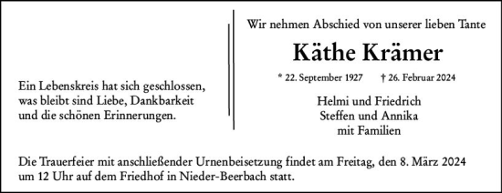 Traueranzeige von Käthe Krämer von Darmstädter Echo