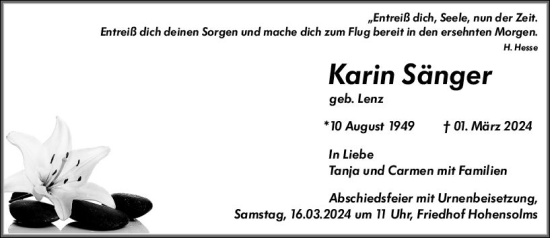 Traueranzeige von Karin Sänger von Wetzlarer Neue Zeitung