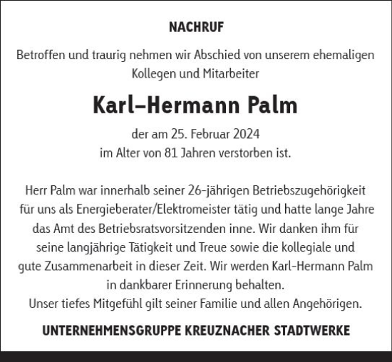 Traueranzeige von Karl-Hermann Palm von Allgemeine Zeitung Bad Kreuznach