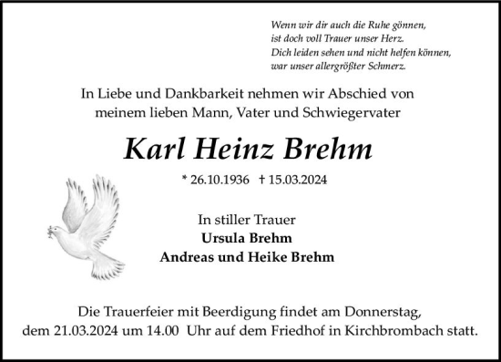 Traueranzeige von Karl Heinz Brehm von Odenwälder Echo