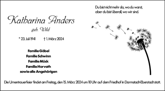 Traueranzeige von Katharina Anders von Darmstädter Echo