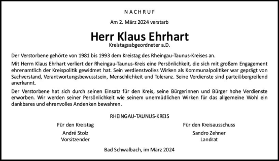 Traueranzeige von Klaus Ehrhart von Idsteiner Land/Untertaunus