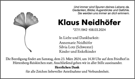 Traueranzeige von Klaus Neidhöfer von Wetzlarer Neue Zeitung