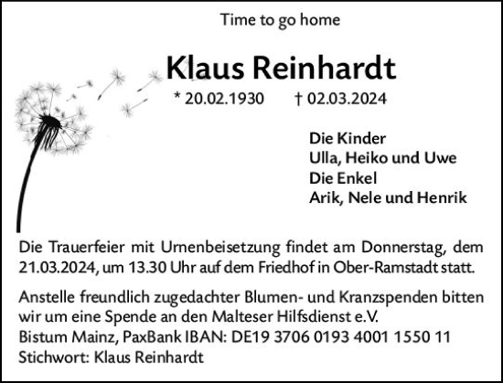 Traueranzeige von Klaus Reinhardt von Darmstädter Echo