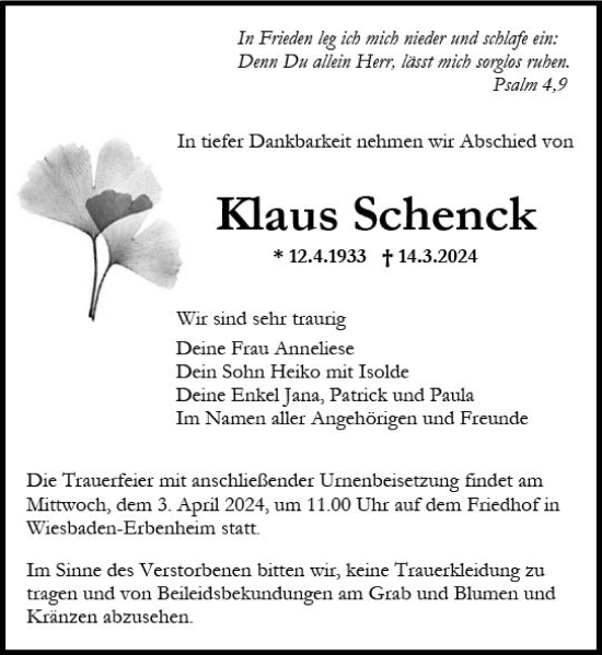 Traueranzeige von Klaus Schenck von Wiesbadener Kurier