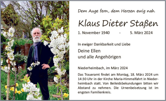 Traueranzeige von Klaus Dieter Staßen von Allgemeine Zeitung Bingen/Ingelheim
