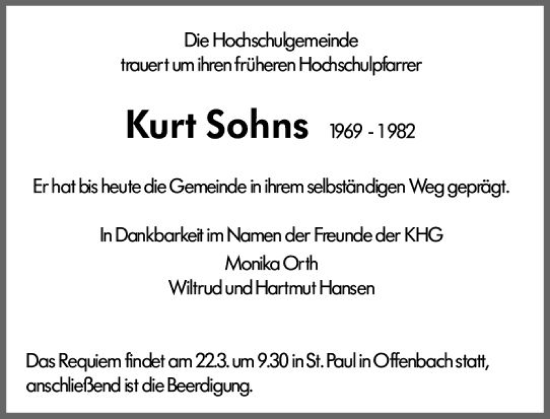 Traueranzeige von Kurt Sohns von Allgemeine Zeitung Mainz