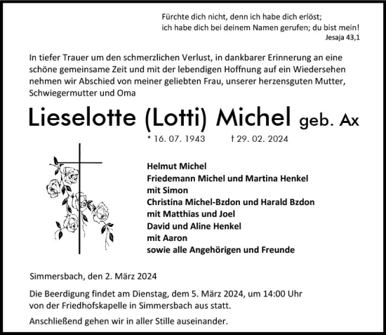 Traueranzeige von Lieselotte Michel von Dill Block
