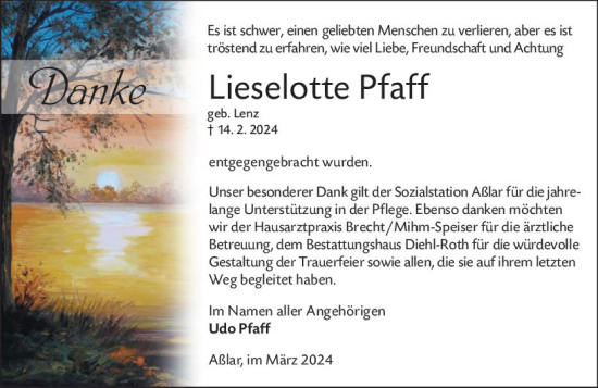 Traueranzeige von Lieselotte Pfaff von Wetzlarer Neue Zeitung
