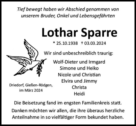 Traueranzeige von Lothar Sparre von Dill Block