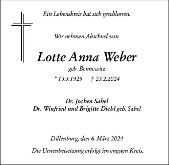 Traueranzeige von Lotte Anna Weber von Dill Block