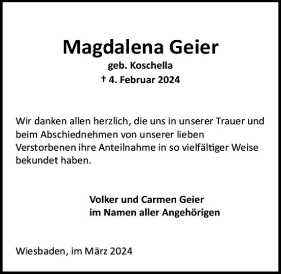 Traueranzeige von Magdalena Geier von Wiesbadener Kurier
