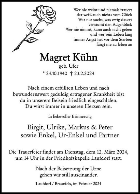 Traueranzeige von Magret Kühn von Wetzlarer Neue Zeitung