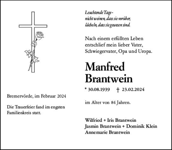 Traueranzeige von Manfred Brantwein von Allgemeine Zeitung Mainz