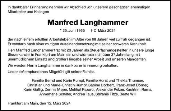 Traueranzeige von Manfred Langhammer von Dill Block