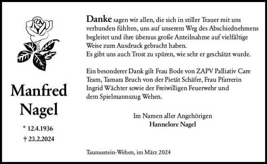 Traueranzeige von Manfred Nagel von Wiesbadener Kurier