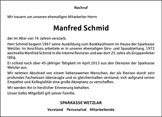 Traueranzeige von Manfred Schmid von Wetzlarer Neue Zeitung