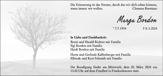 Traueranzeige von Marga Bordon von Darmstädter Echo