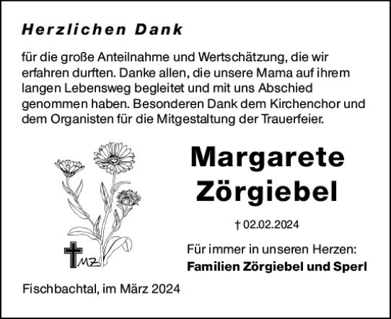 Traueranzeige von Margarete Zörgiebel von Odenwälder Echo