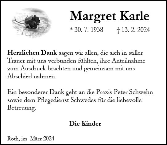 Traueranzeige von Margret Karle von Dill Block