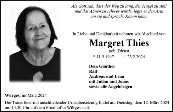 Traueranzeige von Margret Thies von Camberger Anzeiger