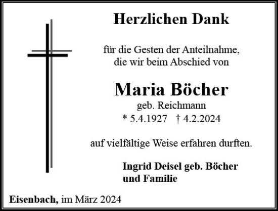 Traueranzeige von Maria Böcher von Camberger Anzeiger
