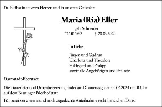 Traueranzeige von Maria Eller von Darmstädter Echo