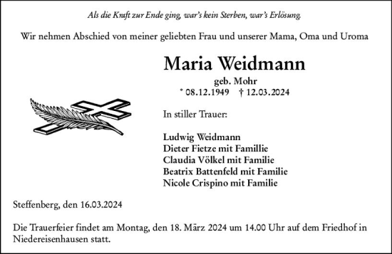 Traueranzeige von Maria Weidmann von Hinterländer Anzeiger