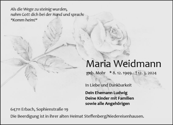 Traueranzeige von Maria Weidmann von Odenwälder Echo
