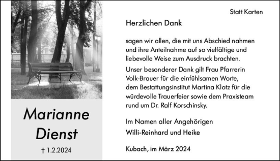 Traueranzeige von Marianne Dienst von Weilburger Tageblatt