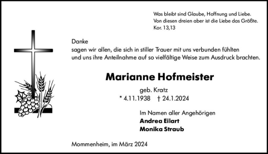 Traueranzeige von Marianne Hofmeister von Allgemeine Zeitung Mainz