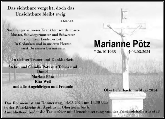 Traueranzeige von Marianne Pötz von Nassauische Neue Presse