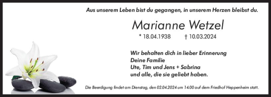 Traueranzeige von Marianne Wetzel von Starkenburger Echo