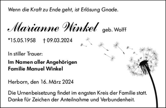 Traueranzeige von Marianne Winkel von Dill Block