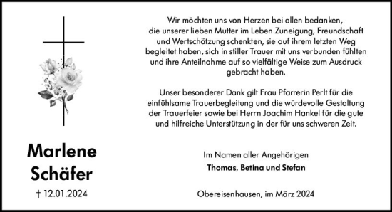 Traueranzeige von Marlene Schäfer von Hinterländer Anzeiger